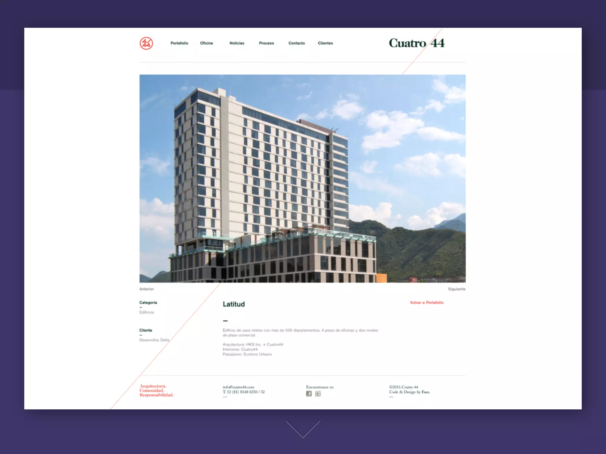 Cuatro44 son un despacho de arquitectura, buscaban un sitio limpio y
práctico pero con un poco de onda. El problema que ellos tenían es
que no contaban con buena documentación fotográﬁca de sus
proyectos. Para este caso se pensó en sliders un poco escondidos, para
ser visualizados solo por los verdaderamente interesados, y así no
ensuciar el sitio.
 