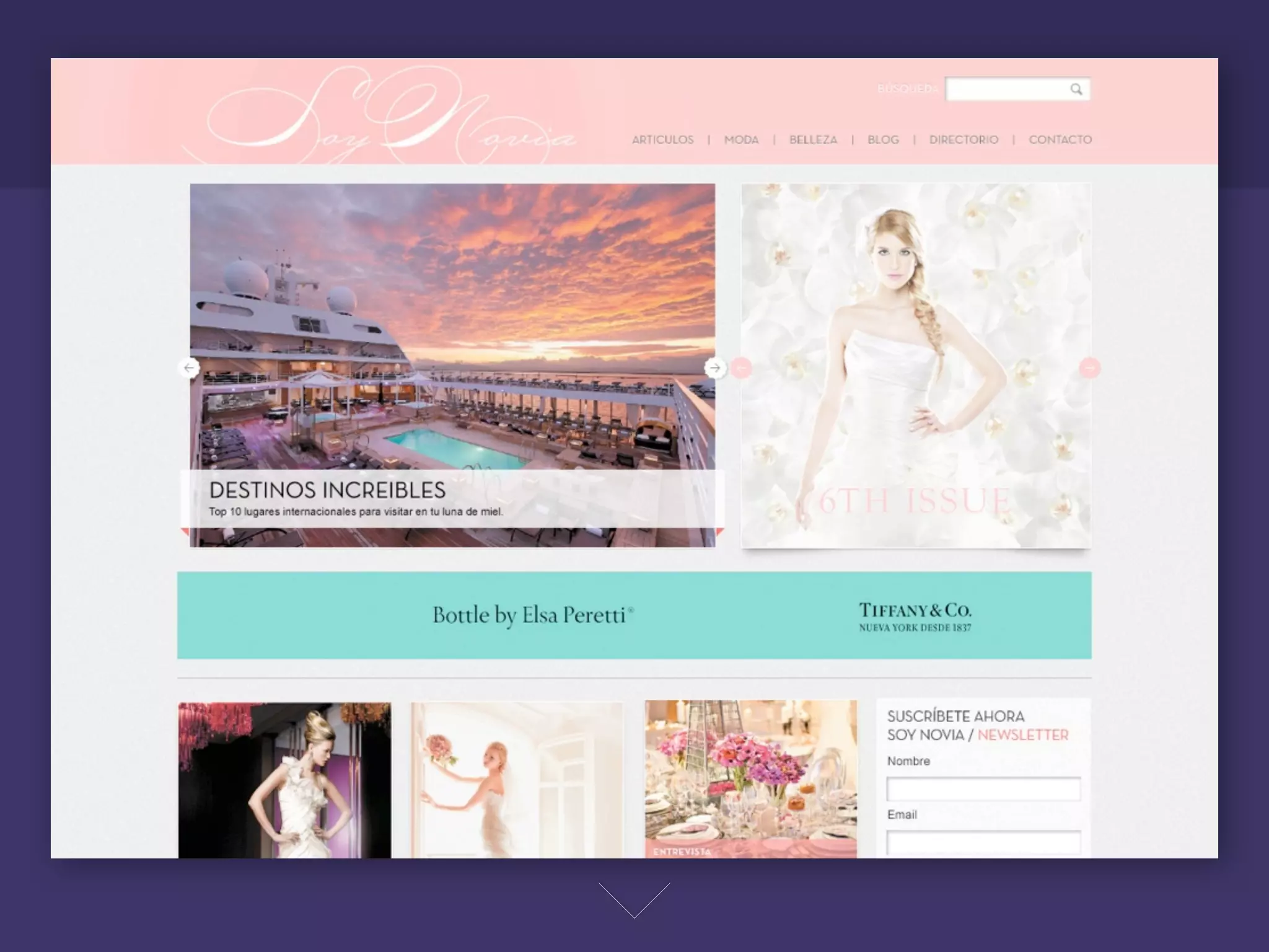 Soy Novia es una revista hermana de Chic la cual fue
rediseñada en Face. Estos clientes quedaron muy
contentos con el trabajo que se hizo y quisieron agregar
este sitio al rediseño. Este proyecto fue sencillo por que
ya se contaba con una dirección y estructura similar para
Chic, solo había que adaptar los elementos a la identidad
de Soy Novia.
 