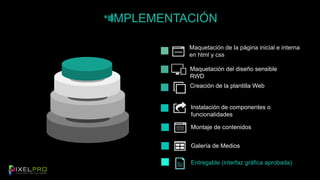 IMPLEMENTACIÓN 
Maquetación de la página inicial e interna 
en html y css 
Maquetación del diseño sensible 
RWD 
Creación de la plantilla Web 
Instalación de componentes o 
funcionalidades 
Montaje de contenidos 
Galería de Medios 
Entregable (interfaz gráfica aprobada) 
 