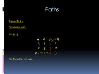 Paths
Example # 1:
Shortest-4 path:
V = {1, 2}.
4 2 3 2 q
3 3 1 3
2 3 2 2
p 2 1 2 3
So, Path does not exist.
 