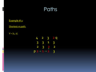 Paths
Example # 1:
Shortest-m path:
V = {1, 2}.
4 2 3 2 q
3 3 1 3
2 3 2 2
p 2 1 2 3
 
