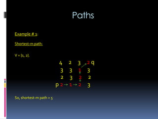 Paths
Example # 1:
Shortest-m path:
V = {1, 2}.
4 2 3 2 q
3 3 1 3
2 3 2 2
p 2 1 2 3
So, shortest-m path = 5
 