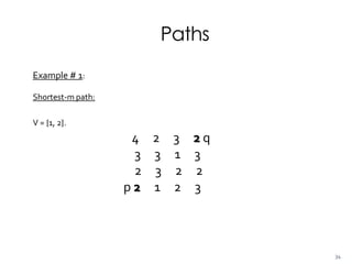 Paths
Example # 1:
Shortest-m path:
V = {1, 2}.
4 2 3 2 q
3 3 1 3
2 3 2 2
p 2 1 2 3
34
 