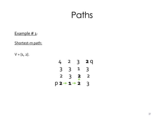 Paths
Example # 1:
Shortest-m path:
V = {1, 2}.
4 2 3 2 q
3 3 1 3
2 3 2 2
p 2 1 2 3
37
 