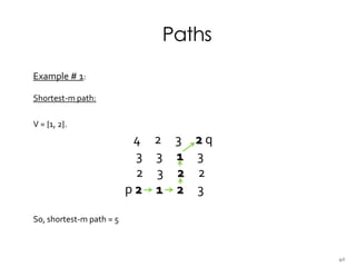 Paths
Example # 1:
Shortest-m path:
V = {1, 2}.
4 2 3 2 q
3 3 1 3
2 3 2 2
p 2 1 2 3
So, shortest-m path = 5
40
 