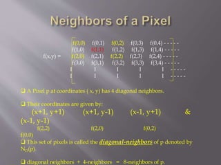  A Pixel p at coordinates ( x, y) has 4 diagonal neighbors.
 Their coordinates are given by:
(x+1, y+1) (x+1, y-1) (x-1, y+1) &
(x-1, y-1)
f(2,2) f(2,0) f(0,2)
f(0,0)
 This set of pixels is called the diagonal-neighbors of p denoted by
ND(p).
 diagonal neighbors + 4-neighbors = 8-neighbors of p.
f(0,0) f(0,1) f(0,2) f(0,3) f(0,4) - - - - -
f(1,0) f(1,1) f(1,2) f(1,3) f(1,4) - - - - -
f(x,y) = f(2,0) f(2,1) f(2,2) f(2,3) f(2,4) - - - - -
f(3,0) f(3,1) f(3,2) f(3,3) f(3,4) - - - - -
I I I I I - - - - -
I I I I I - - - - -
 