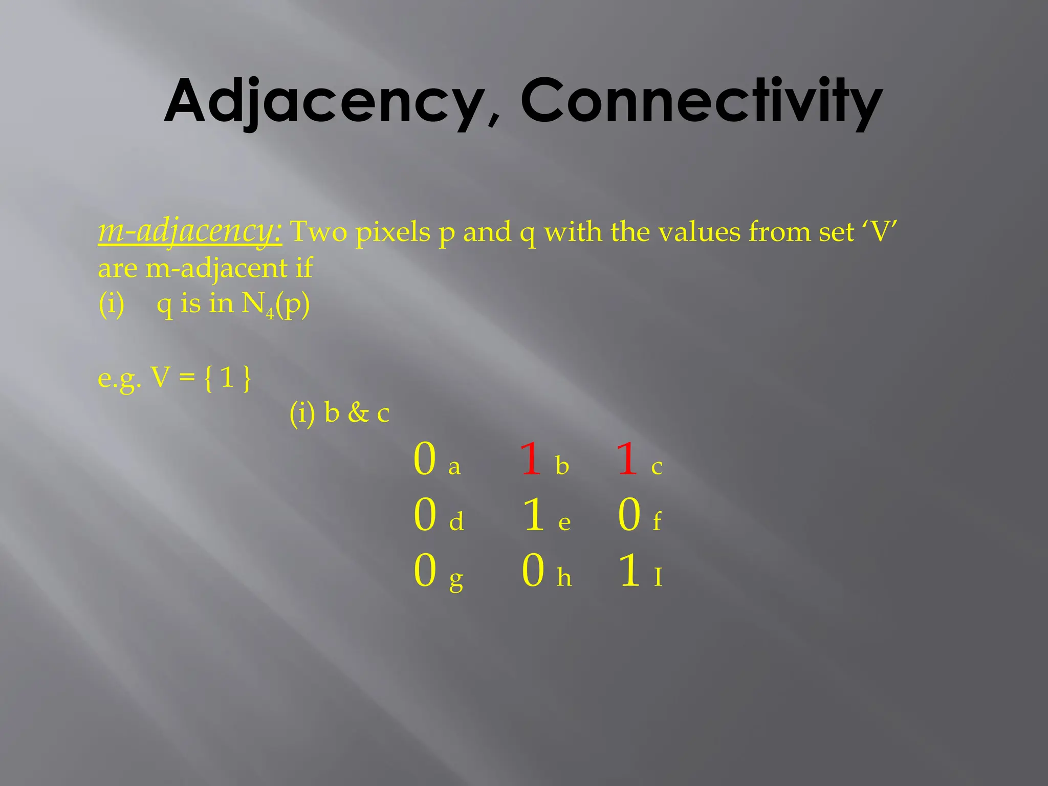Adjacency, Connectivity
m-adjacency: Two pixels p and q with the values from set ‘V’
are m-adjacent if
(i) q is in N4(p)
e.g. V = { 1 }
(i) b & c
0 a 1 b 1 c
0 d 1 e 0 f
0 g 0 h 1 I
 