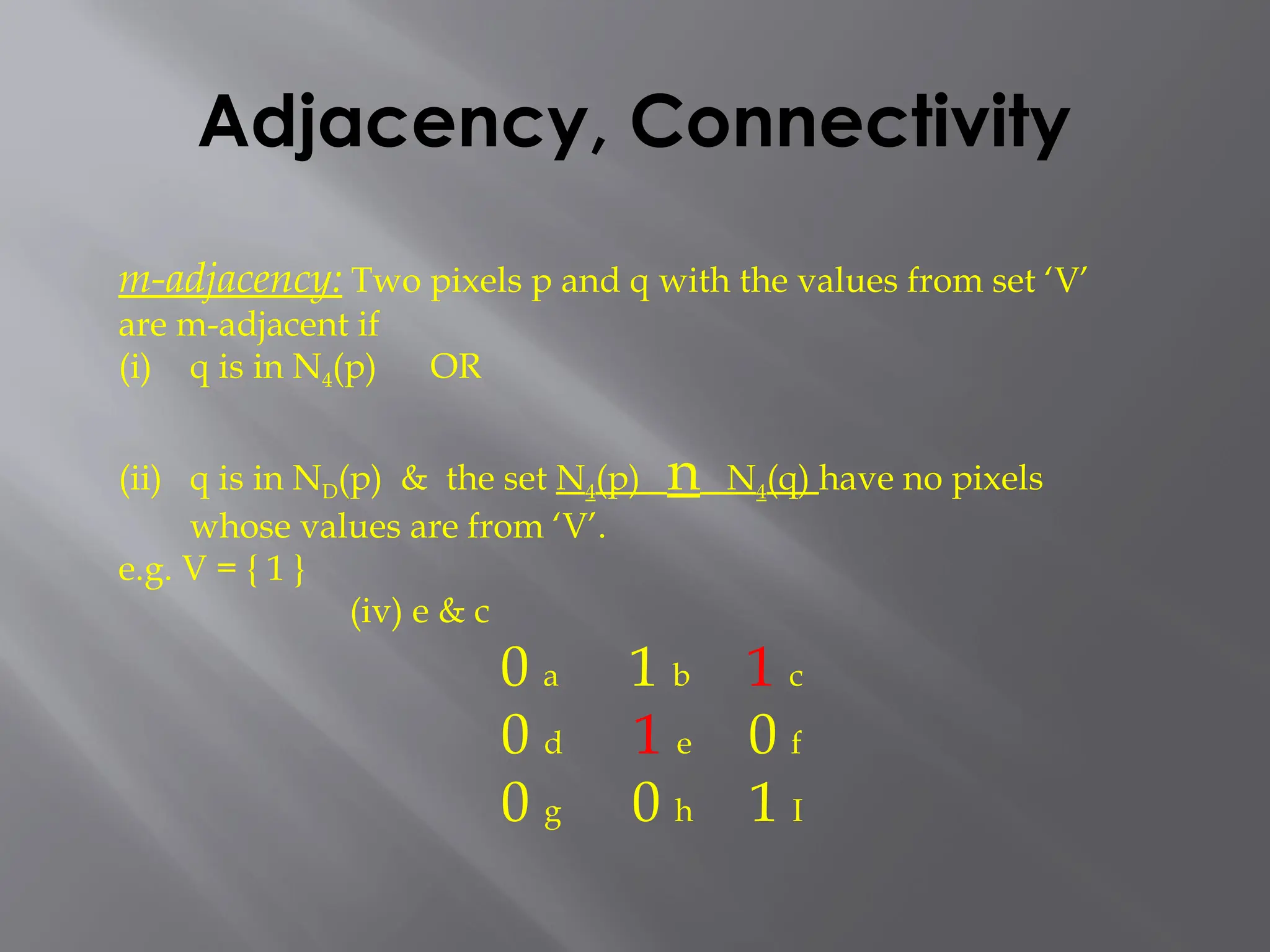 Adjacency, Connectivity
m-adjacency: Two pixels p and q with the values from set ‘V’
are m-adjacent if
(i) q is in N4(p) OR
(ii) q is in ND(p) & the set N4(p) n N4(q) have no pixels
whose values are from ‘V’.
e.g. V = { 1 }
(iv) e & c
0 a 1 b 1 c
0 d 1 e 0 f
0 g 0 h 1 I
 