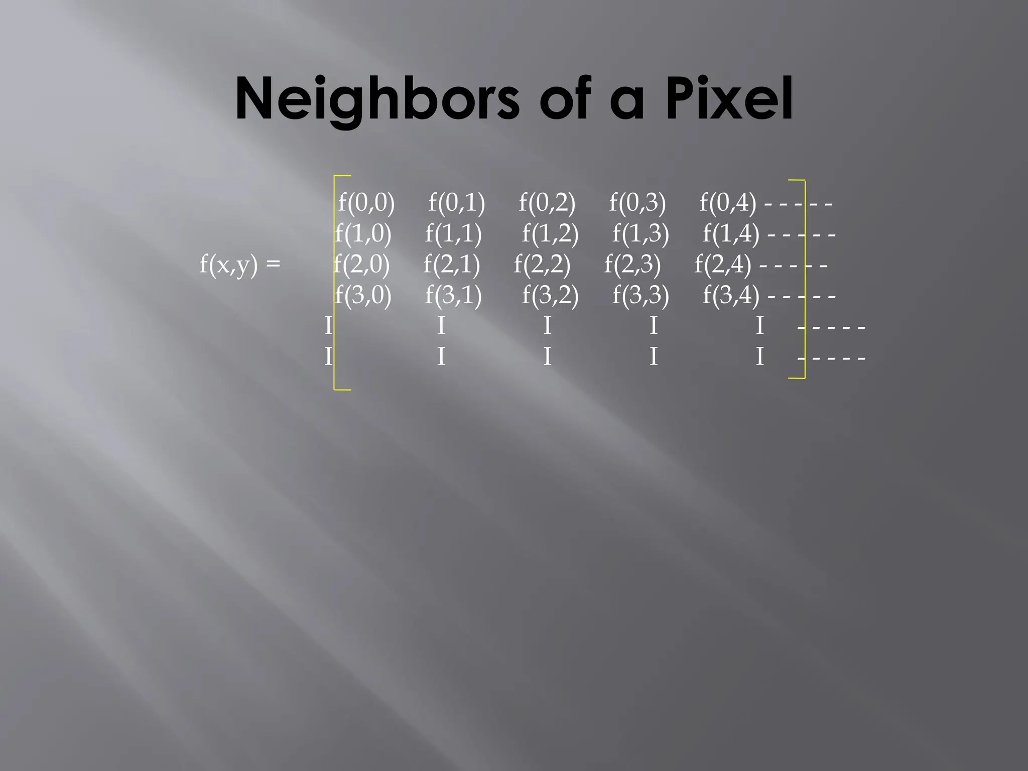 Neighbors of a Pixel
f(0,0) f(0,1) f(0,2) f(0,3) f(0,4) - - - - -
f(1,0) f(1,1) f(1,2) f(1,3) f(1,4) - - - - -
f(x,y) = f(2,0) f(2,1) f(2,2) f(2,3) f(2,4) - - - - -
f(3,0) f(3,1) f(3,2) f(3,3) f(3,4) - - - - -
I I I I I - - - - -
I I I I I - - - - -
 