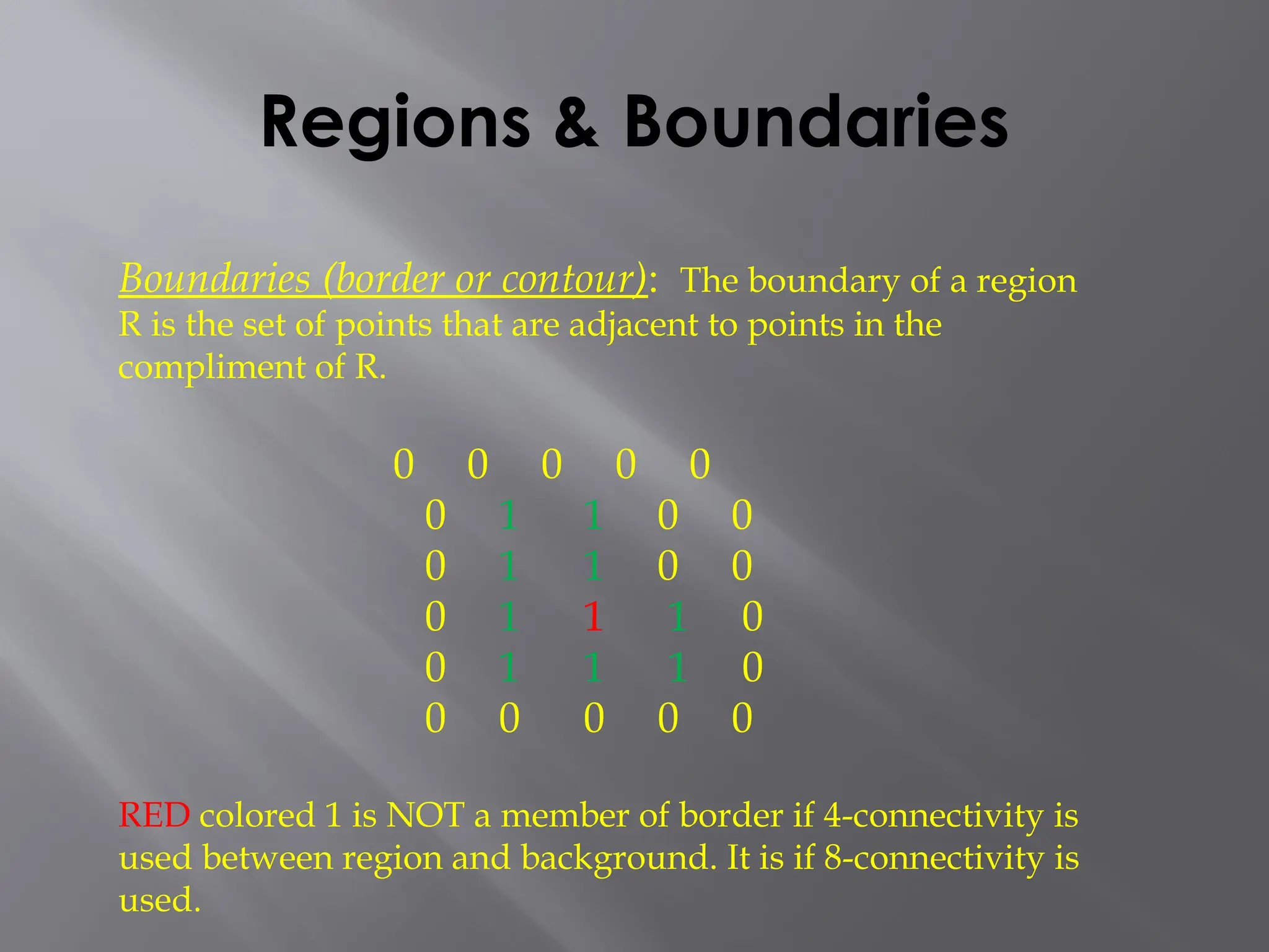 Regions & Boundaries
Boundaries (border or contour): The boundary of a region
R is the set of points that are adjacent to points in the
compliment of R.
0 0 0 0 0
0 1 1 0 0
0 1 1 0 0
0 1 1 1 0
0 1 1 1 0
0 0 0 0 0
RED colored 1 is NOT a member of border if 4-connectivity is
used between region and background. It is if 8-connectivity is
used.
 