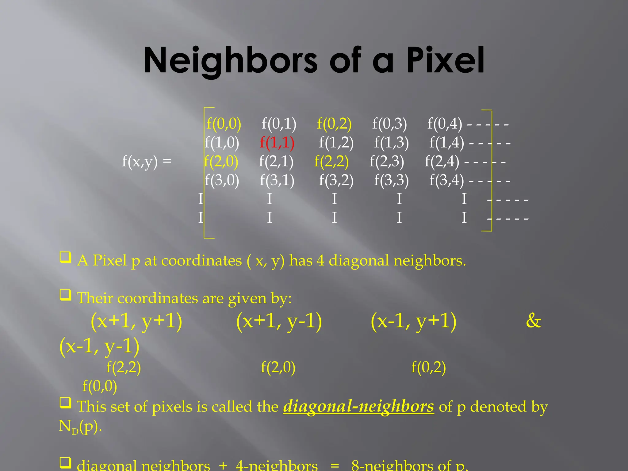Neighbors of a Pixel
 A Pixel p at coordinates ( x, y) has 4 diagonal neighbors.
 Their coordinates are given by:
(x+1, y+1) (x+1, y-1) (x-1, y+1) &
(x-1, y-1)
f(2,2) f(2,0) f(0,2)
f(0,0)
 This set of pixels is called the diagonal-neighbors of p denoted by
ND(p).

f(0,0) f(0,1) f(0,2) f(0,3) f(0,4) - - - - -
f(1,0) f(1,1) f(1,2) f(1,3) f(1,4) - - - - -
f(x,y) = f(2,0) f(2,1) f(2,2) f(2,3) f(2,4) - - - - -
f(3,0) f(3,1) f(3,2) f(3,3) f(3,4) - - - - -
I I I I I - - - - -
I I I I I - - - - -
 