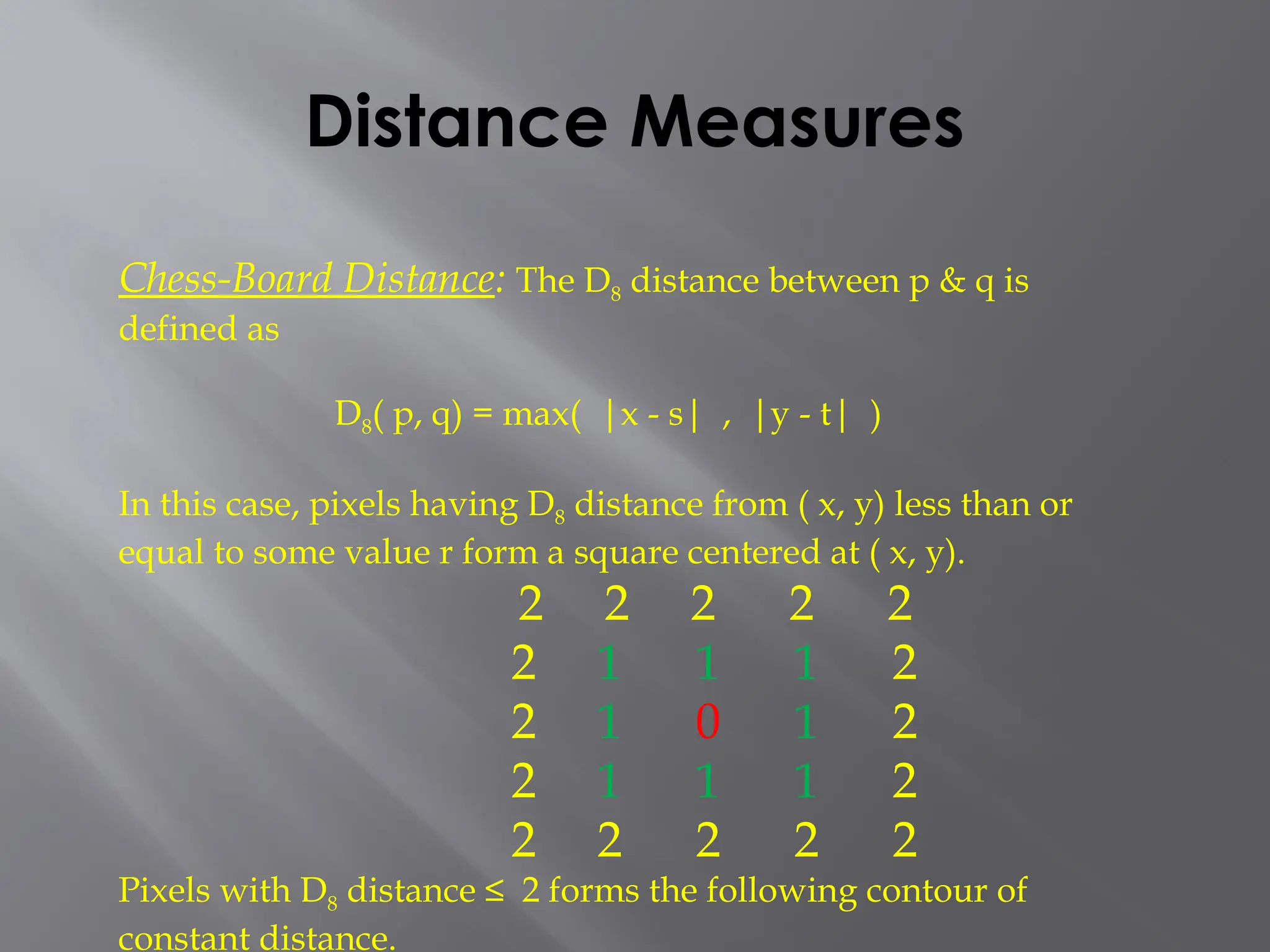 Distance Measures
Chess-Board Distance: The D8 distance between p & q is
defined as
D8( p, q) = max( |x - s| , |y - t| )
In this case, pixels having D8 distance from ( x, y) less than or
equal to some value r form a square centered at ( x, y).
2 2 2 2 2
2 1 1 1 2
2 1 0 1 2
2 1 1 1 2
2 2 2 2 2
Pixels with D8 distance ≤ 2 forms the following contour of
constant distance.
 