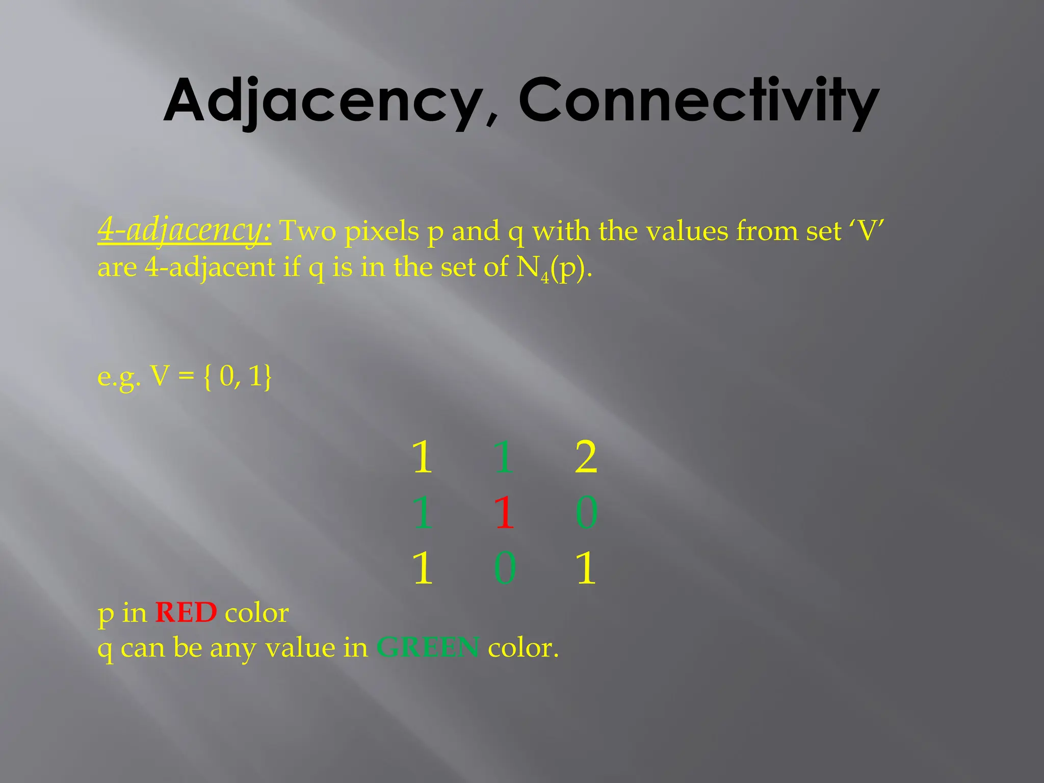 Adjacency, Connectivity
4-adjacency: Two pixels p and q with the values from set ‘V’
are 4-adjacent if q is in the set of N4(p).
e.g. V = { 0, 1}
1 1 2
1 1 0
1 0 1
p in RED color
q can be any value in GREEN color.
 
