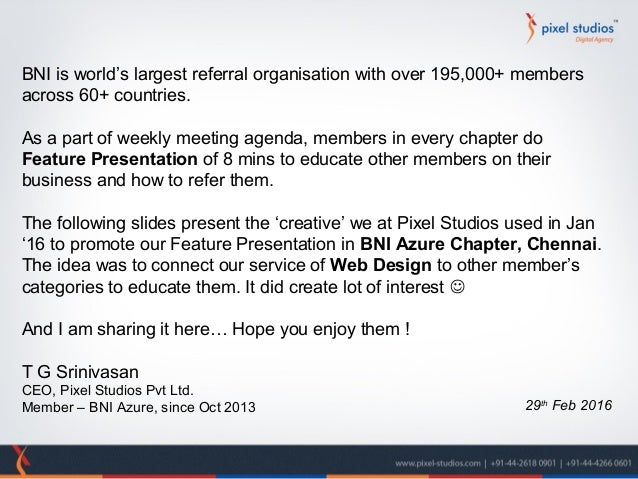 pixel studios bni feature presentation teaser bni meeting agenda
