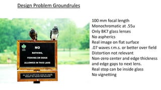 100 mm focal length
Monochromatic at .55u
Only BK7 glass lenses
No aspherics
Real image on flat surface
.07 waves r.m.s. or better over field
Distortion not relevant
Non-zero center and edge thickness
and edge gaps to next lens.
Real stop can be inside glass
No vignetting
Design Problem Groundrules
 