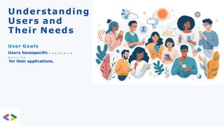 Understanding
Users and
Their Needs
User Goals
Users havespecific n e e d s a n d
d e s i r e s
for their applications.
 