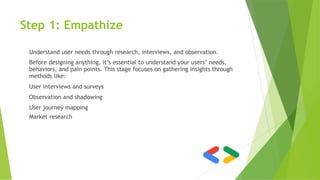 Step 1: Empathize
Understand user needs through research, interviews, and observation.
Before designing anything, it’s essential to understand your users’ needs,
behaviors, and pain points. This stage focuses on gathering insights through
methods like:
User interviews and surveys
Observation and shadowing
User journey mapping
Market research
 