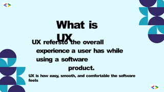 What is
UX
UX is how easy, smooth, and comfortable the software
feels
UX refersto the overall
experience a user has while
using a software
product.
 