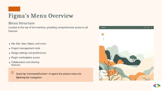 Figma's Menu Overview
Menu Structure
Located at the top of the interface, providing comprehensive access to all
features
File, Edit, View, Object, and more
Project management tools
Design settings and preferences
Plugin marketplace access
Collaboration and sharing
features
Quick tip: Command/Control + K opens the actions menu for
lightning-fast navigation
 