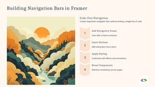 Building Navigation Bars in Framer
Code-Free Navigation
Create responsive navigation bars without writing a single line of code
Add Navigation Frame
Start with a frame container
Insert Buttons
Add interactive menu items
Apply Styling
Customise with effects and animations
Reuse Components
Maintain consistency across pages
 