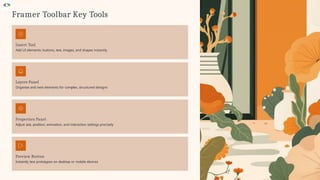 Framer Toolbar Key Tools
Insert Tool
Add UI elements: buttons, text, images, and shapes instantly
Layers Panel
Organise and nest elements for complex, structured designs
Preview Button
Instantly test prototypes on desktop or mobile devices
Properties Panel
Adjust size, position, animation, and interaction settings precisely
 