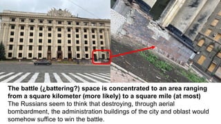 The battle (¿battering?) space is concentrated to an area ranging
from a square kilometer (more likely) to a square mile (at most)
The Russians seem to think that destroying, through aerial
bombardment, the administration buildings of the city and oblast would
somehow suffice to win the battle.
 