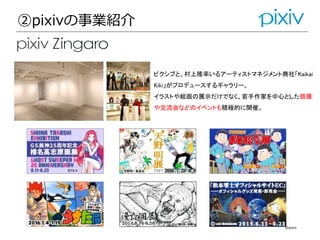 @pixiv
ピクシブと、村上隆率いるアーティストマネジメント商社「Kaikai
Kiki」がプロデュースするギャラリー。
イラストや絵画の展示だけでなく、若手作家を中心とした個展
や交流会などのイベントも積極的に開催。
②pixivの事業紹介
 