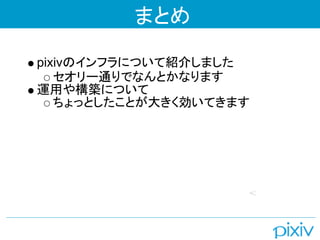 まとめ

pixivのインフラについて紹介しました
   セオリー通りでなんとかなります
運用や構築について
   ちょっとしたことが大きく効いてきます
 