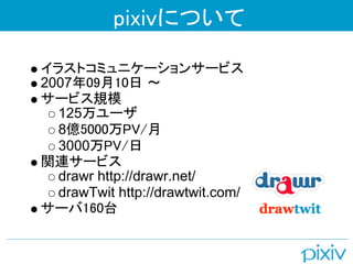 pixivについて

イラストコミュニケーションサービス
2007年09月10日 〜 
サービス規模
  125万ユーザ
  8億5000万PV/月
  3000万PV/日
関連サービス
  drawr http://drawr.net/
  drawTwit http://drawtwit.com/
サーバ160台
 