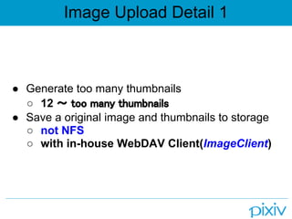 Image Upload Detail 1



● Generate too many thumbnails
  ○ 12 ～ too many thumbnails
● Save a original image and thumbnails to storage
  ○ not NFS
  ○ with in-house WebDAV Client(ImageClient)
 