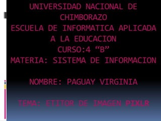 UNIVERSIDAD NACIONAL DE
CHIMBORAZO
ESCUELA DE INFORMATICA APLICADA
A LA EDUCACION
CURSO:4 “B”
MATERIA: SISTEMA DE INFORMACION
NOMBRE: PAGUAY VIRGINIA
TEMA: ETITOR DE IMAGEN PIXLR

 