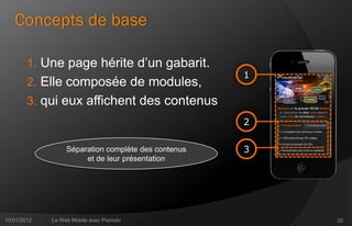 Concepts de base

        1. Une page hérite d’un gabarit.
                                                     1
        2. Elle composée de modules,
        3. qui eux affichent des contenus
                                                     2

                  Séparation complète des contenus   3
                       et de leur présentation




10/01/2012   Le Web Mobile avec Pixmobi                  25
 