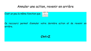 Annuler une action, revenir en arrière
C’est un peu la même fonction que
Ce raccourci permet d’annuler votre dernière action et de revenir en
arrière.
Ctrl+Z
 