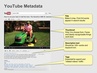 YouTube Metadata

                   Title
                   Make it crisp. First 5-6 words
                   appear in search results



                   Thumbnail
                   Only 3 to choose from. Faces
                   and clearly recognizable things
                   work best.


                   Description text
                   Should be 100+ words and
                   keyword-rich.



                   Tags
                   Essential for search and
                   “related videos” traffic
 