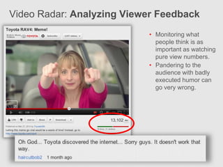 Video Radar: Analyzing Viewer Feedback
                           • Monitoring what
                             people think is as
                             important as watching
                             pure view numbers.
                           • Pandering to the
                             audience with badly
                             executed humor can
                             go very wrong.
 
