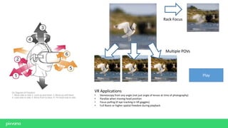 VR Applications
• Stereoscopy from any angle (not just angle of lenses at time of photography)
• Parallax when moving head position
• Focus pulling (if eye-tracking in VR goggles)
• Full Room or higher spatial freedom during playback
Multiple POVs
Rack Focus
Play
 