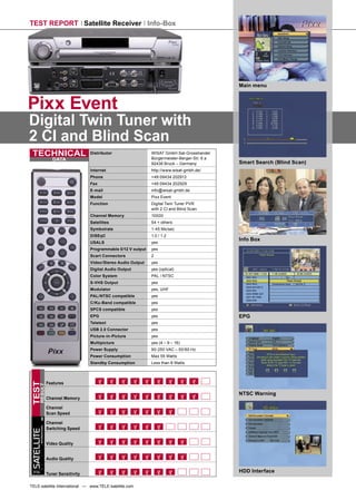 TEST REPORT Satellite Receiver Info-Box




                                                                                                         Main menu



Pixx Event
Digital Twin Tuner with
2 CI and Blind Scan
 TECHNICAL                                  Distributor                  WISAT GmbH Sat-Grosshandel
                                                                         Bürgermeister-Berger-Str. 6 a
                           DATA
                                                                         92436 Bruck – Germany           Smart Search (Blind Scan)
                                            Internet                     http://www.wisat-gmbh.de/
                                            Phone                        +49 09434 202913
                                            Fax                          +49 09434 202929
                                            E-mail                       info@wisat-gmbh.de
                                            Model                        Pixx Event
                                            Function                     Digital Twin Tuner PVR
                                                                         with 2 CI and Blind Scan
                                            Channel Memory               10000
                                            Satellites                   54 + others
                                            Symbolrate                   1-45 Ms/sec
                                            DiSEqC                       1.0 / 1.2
                                                                                                         Info Box
                                            USALS                        yes
                                            Programmable 0/12 V output   yes
                                            Scart Connectors             2
                                            Video/Stereo Audio Output    yes
                                            Digital Audio Output         yes (optical)
                                            Color System                 PAL / NTSC
                                            S-VHS Output                 yes
                                            Modulator                    yes, UHF
                                            PAL/NTSC compatible          yes
                                            C/Ku-Band compatible         yes
                                            SPCS compatible              yes
                                            EPG                          yes                             EPG
                                            Teletext                     yes
                                            USB 2.0 Connector            yes
                                            Picture-in-Picture           yes
                                            Multipicture                 yes (4 – 9 – 16)
                                            Power Supply                 90-250 VAC – 50/60 Hz
                                            Power Consumption            Max 55 Watts
                                            Standby Consumption          Less than 8 Watts



                        Features
TEST
      RESULT




                                                                                                         NTSC Warning
                        Channel Memory

                        Channel
                        Scan Speed

                        Channel
        INTERNATIONAL




                        Switching Speed
SATELLITE




                        Video Quality


                        Audio Quality

 TELE
                                                                                                         HDD Interface
                        Tuner Sensitivity

TELE-satellite International — www.TELE-satellite.com
 