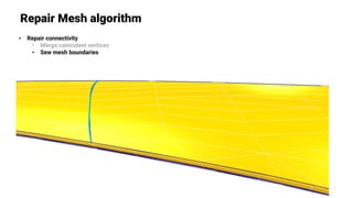 Repair Mesh algorithm
• Repair connectivity
• Merge coincident vertices
• Sew mesh boundaries
 