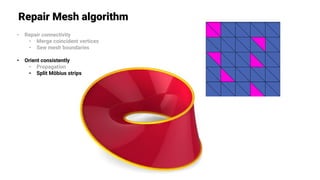Repair Mesh algorithm
• Repair connectivity
• Merge coincident vertices
• Sew mesh boundaries
• Orient consistently
• Propagation
• Split Môbius strips
 