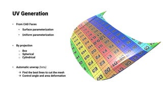 UV Generation
• From CAD Faces
• Surface parameterization
• Uniform parameterization
• By projection
o Box
o Spherical
o Cylindrical
• Automatic unwrap (beta)
→ Find the best lines to cut the mesh
→ Control angle and area deformation
 