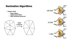 Decimation Algorithms
• Polygon target
o Edge collapse
o Quadric Error Metric
o Mesh attributes preserved
100 000
10 000
1 000
 