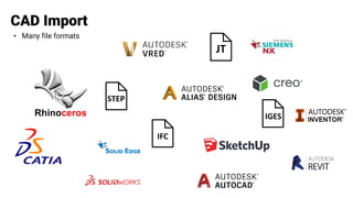 • Many file formats
CAD Import
JT
STEP
IGES
IFC
 