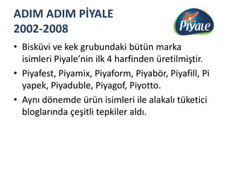 ADIM ADIM PİYALE 2002-2008Bisküvi ve kek grubundaki bütün marka isimleri Piyale’nin ilk 4 harfinden üretilmiştir.Piyafest, Piyamix, Piyaform, Piyabör, Piyafill, Piyapek, Piyaduble, Piyagof, Piyotto.Aynı dönemde ürün isimleri ile alakalı tüketici bloglarında çeşitli tepkiler aldı.
