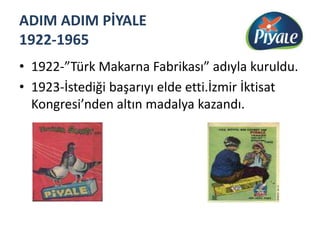 ADIM ADIM PİYALE 1922-1965 1922-”Türk Makarna Fabrikası” adıyla kuruldu.1923-İstediği başarıyı elde etti.İzmir İktisat Kongresi’nden altın madalya kazandı.
