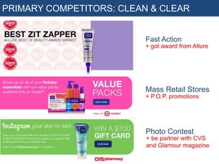 PRIMARY COMPETITORS: CLEAN & CLEAR

Fast Action
+ got award from Allure

Mass Retail Stores
+ P.O.P. promotions

Photo Contest
+ be partner with CVS
and Glamour magazine

 