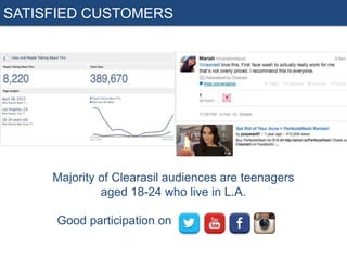 SATISFIED CUSTOMERS

Majority of Clearasil audiences are teenagers
aged 18-24 who live in L.A.
Good participation on

 
