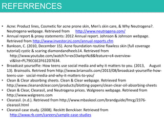 REFERRENCES
• Acne: Product lines, Cosmetic for acne prone skin, Men’s skin care, & Why Neutrogena?.
Neutrogena webpage. Retrieved from http://www.neutrogena.com/
• Annual report & proxy statements: 2012 Annual report. Johnson & Johnson webpage.
Retrieved from http://www.investor.jnj.com/annual-reports.cfm
• Bankson, C. (2010, December 15). Acne foundation routine flawless skin (full coverage
tutorial) cystic & scaring diamondandheels14. Retrieved from
http://www.youtube.com/watch?v=ex33wtqnNz8&feature=c4-overviewvl&list=PL79EC6E2F612D7634.
• Broadcast yourselfie: How teens use social media and why it matters to you. (2013, August
13). Brainsolis. Retrived from http://www.briansolis.com/2013/08/broadcast-yourselfie-howteens-use- social-media-and-why-it-matters-to-you/
• Clean & Clear absorbing sheets. Clean & Clear webpage. Retrieved from
http://www.cleanandclear.com/products/blotting-papers/clean-clear-oil-absorbing-sheets
• Clean & Clear, Clearasil, and Neutrogena prices. Walgreens webpage. Retrieved from
http://www.walgreens.com
• Clearasil. (n.d.). Retrieved from http://www.mbaskool.com/brandguide/fmcg/2376clearasil.html
• Clearasil case study. (2008). Reckitt Benckiser. Retrieved from
http://www.rb.com/careers/sample-case-studies

 