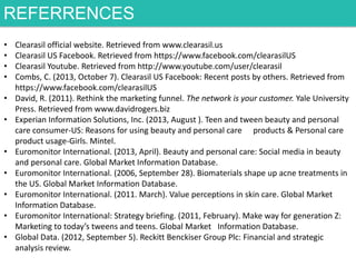 REFERRENCES
•
•
•
•
•
•
•
•
•
•
•

Clearasil official website. Retrieved from www.clearasil.us
Clearasil US Facebook. Retrieved from https://www.facebook.com/clearasilUS
Clearasil Youtube. Retrieved from http://www.youtube.com/user/clearasil
Combs, C. (2013, October 7). Clearasil US Facebook: Recent posts by others. Retrieved from
https://www.facebook.com/clearasilUS
David, R. (2011). Rethink the marketing funnel. The network is your customer. Yale University
Press. Retrieved from www.davidrogers.biz
Experian Information Solutions, Inc. (2013, August ). Teen and tween beauty and personal
care consumer-US: Reasons for using beauty and personal care products & Personal care
product usage-Girls. Mintel.
Euromonitor International. (2013, April). Beauty and personal care: Social media in beauty
and personal care. Global Market Information Database.
Euromonitor International. (2006, September 28). Biomaterials shape up acne treatments in
the US. Global Market Information Database.
Euromonitor International. (2011. March). Value perceptions in skin care. Global Market
Information Database.
Euromonitor International: Strategy briefing. (2011, February). Make way for generation Z:
Marketing to today’s tweens and teens. Global Market Information Database.
Global Data. (2012, September 5). Reckitt Benckiser Group Plc: Financial and strategic
analysis review.

 