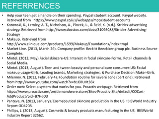 REFERRENCES
• Help your teen get a handle on their spending. Paypal student account. Paypal website.
Retrieved from https://www.paypal.co/us/webapps/mpp/student-accounts
• Kotowski, K., Lemley, A. T., Nicholson, A., Plocek, L., & Reid, K. (n.d.). Stridex advertising
strategy. Retrieved from http://www.docstoc.com/docs/31095088/Stridex-AdvertisingStrategy
• Makeup. Retrieved from
http://www.clinique.com/products/1599/Makeup/Foundations/index.tmpl
• Market Line. (2013, March 26). Company profile: Reckitt Benckiser group plc. Business Source
Complete.
• Mintel. (2013, May).Facial skincare-US: Interest in facial skincare-Forms, Retail channels &
Social Media.
• Mintel. (2013, August). Teen and tween beauty and personal care consumer-US: Facial
makeup usage-Girls, Leading brands, Marketing strategies, & Purchase Decision Maker-Girls.
• Milemny, N. (2013, February 4). Foundation routine for severe acne (part one). Retrieved
from http://www.youtube.com/watch?v=b1OllUVt36k
• Order now: Select a system that works for you. Proactiv webpage. Retrieved from
https://www.proactiv.com/on/demandware.store/Sites-Proactiv-Site/default/COCartAddProduct?pid=B7H6D3
• Panteva, N. (2013, January). Cosmeceutical skincare production in the US. IBISWorld Industry
Report OD4208.
• Phillips, J. (2013, August). Cosmetic & beauty products manufacturing in the US. IBISWorld
Industry Report 32562.

 