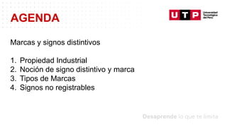 Datos/Observaciones
AGENDA
Marcas y signos distintivos
1. Propiedad Industrial
2. Noción de signo distintivo y marca
3. Tipos de Marcas
4. Signos no registrables
 